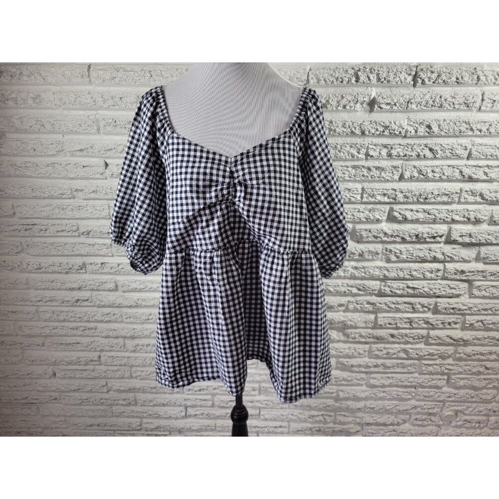 Terra Sky Womens Top 2X Plus Puff Sleeve Black Gingham Check Casual PLA143E